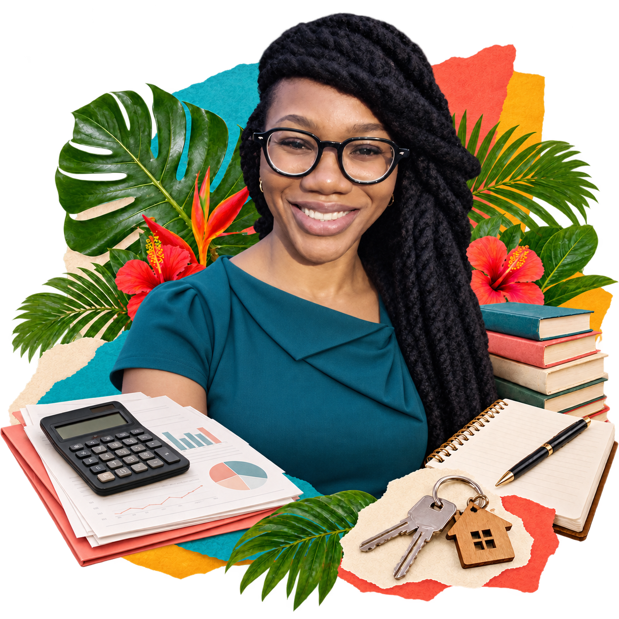 Jamila surrounded by Caribbean foliage, books, business paperwork and homeownership keys